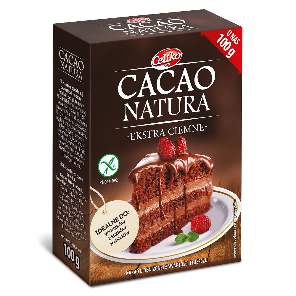 Kakao w Proszku o Obniżonej Zawartości Tłuszczu Ekstra Ciemne Bezglutenowe 100 g